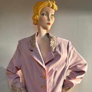 Vintage Baby Pink Rayon Jacket w Gold Embroidery M